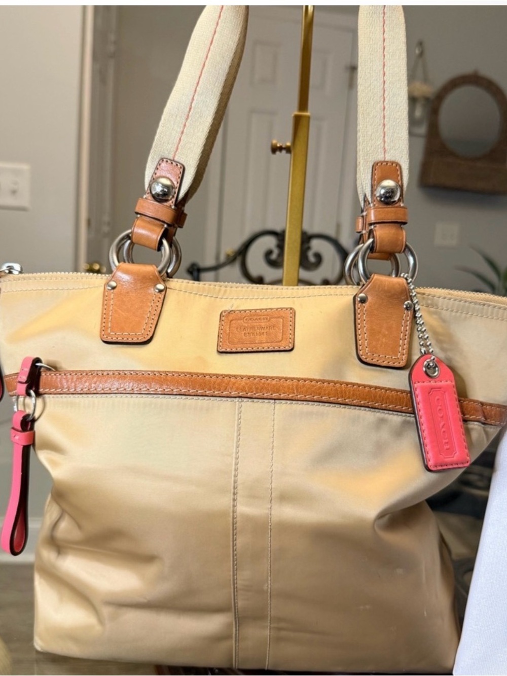 Coach Beige Canvas Tote with Tan Leather Trim and Pink Tag